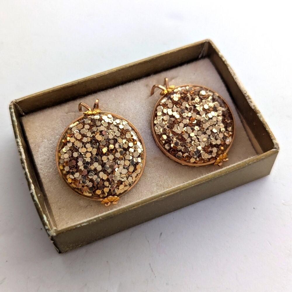 Vintage Retro Castlecraft Handmade Rolled Gold Chunky Glitter Clip On Earrings